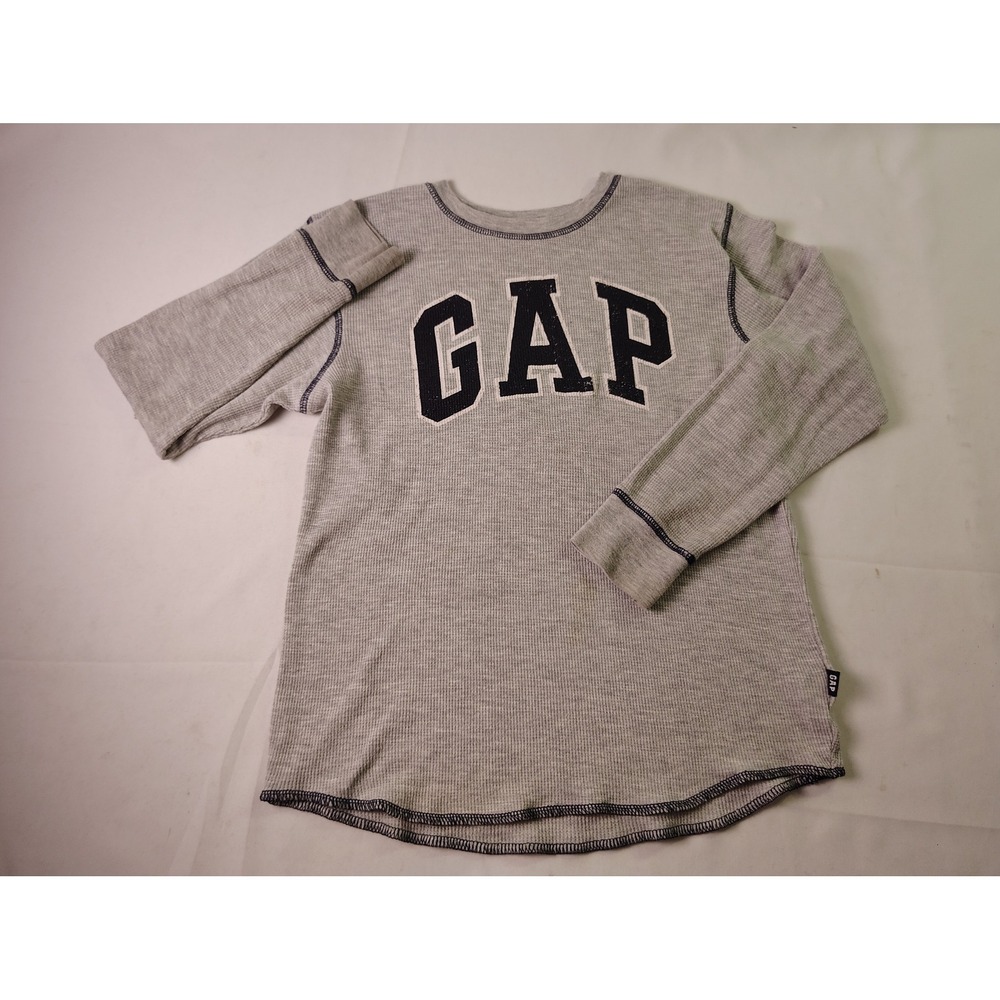 Gap Kids Shirt Boys Sz M Gray Waffle Knit Thermal Long Sleeve Big Logo Pullover